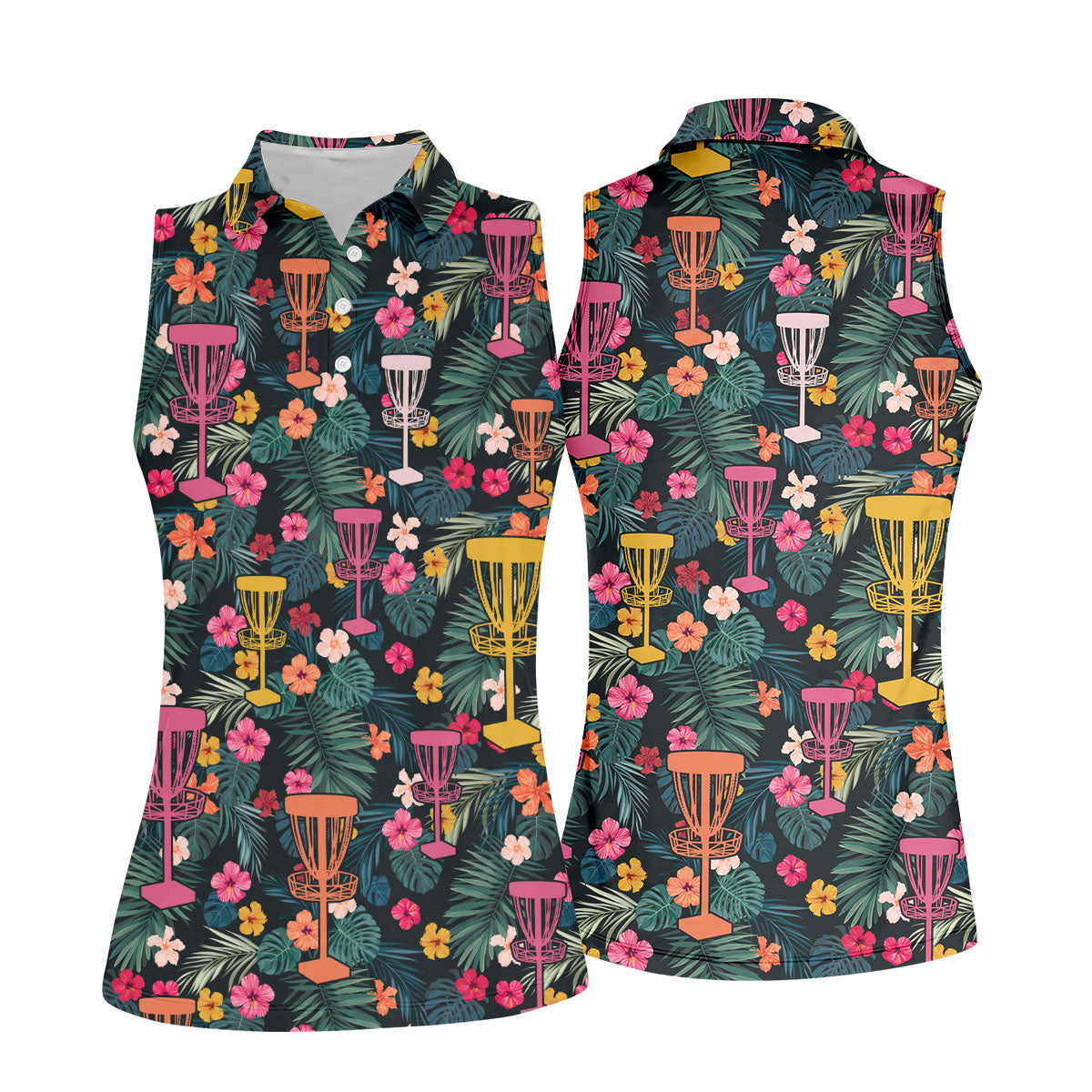 Dark Tropical Disc Golf Basket Polo Shirt, Women’s Golf Tops, Golf Polo For Women