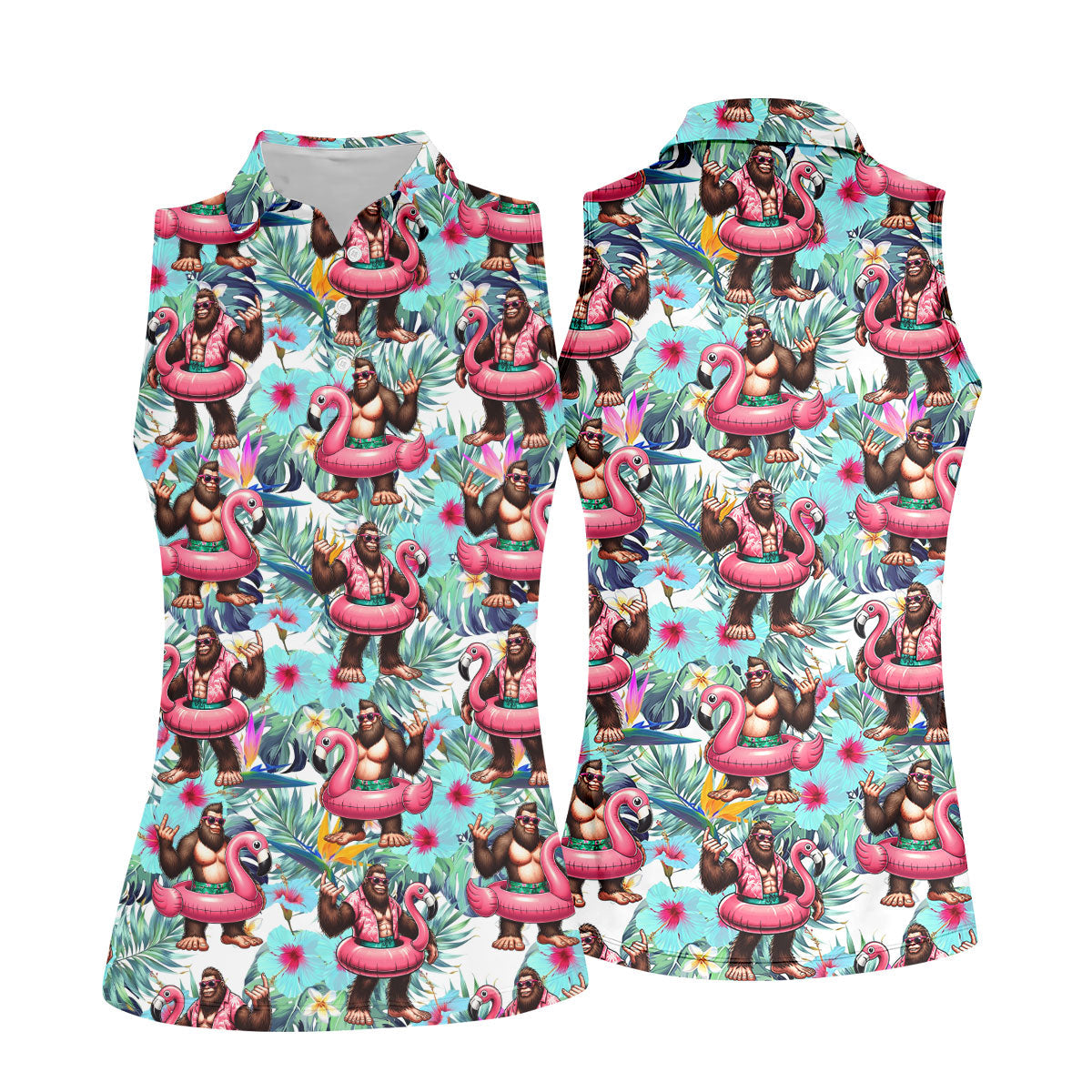 Funny Bigfoot Flamingo Float Tropical Golf Polo Shirt, Women's Golf Tops, Golf Polo For Women