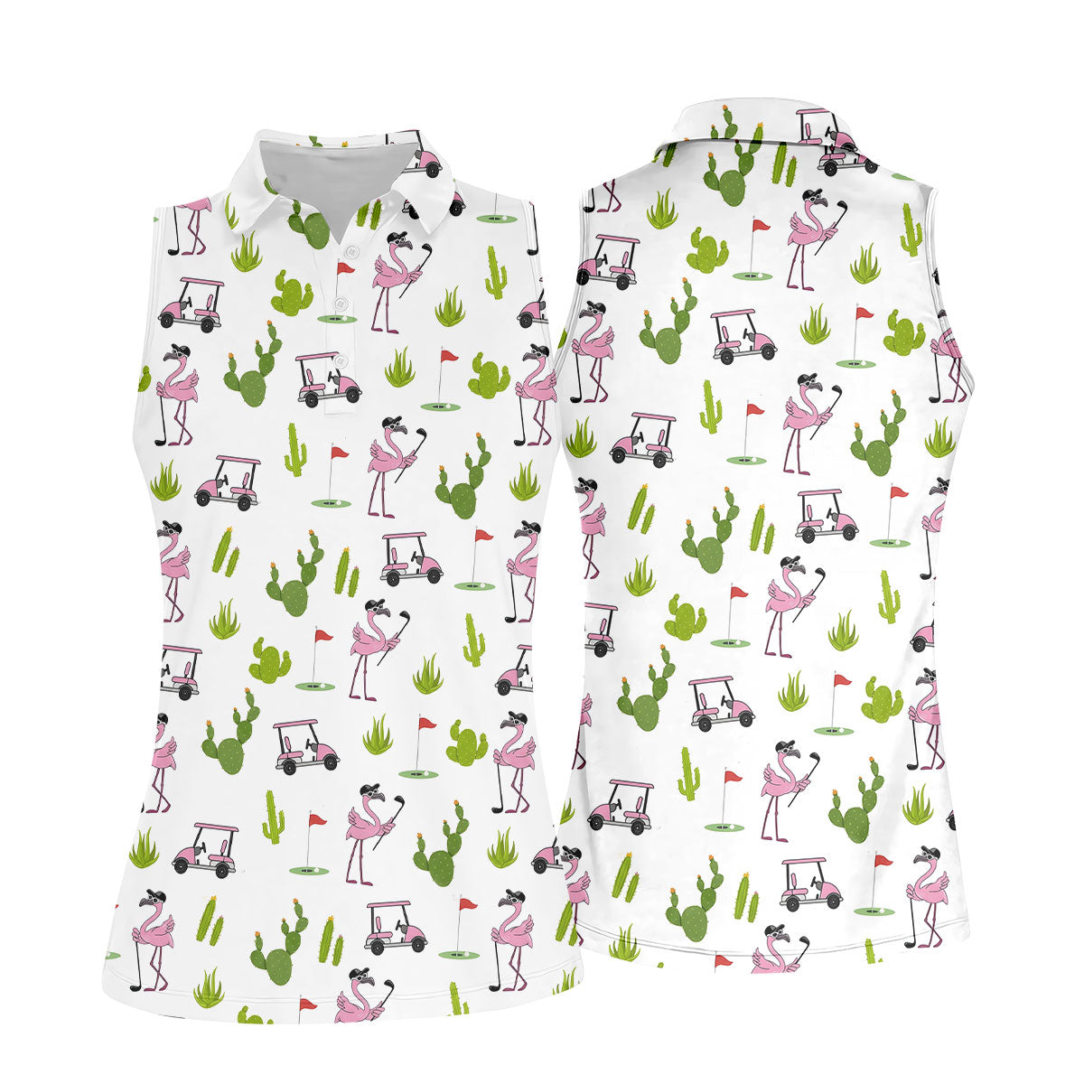 Pink Flamingo Golf Cart Cactus Hawaiian Golf Shirt, Women’s Golf Polo, Performance Golf Shirt