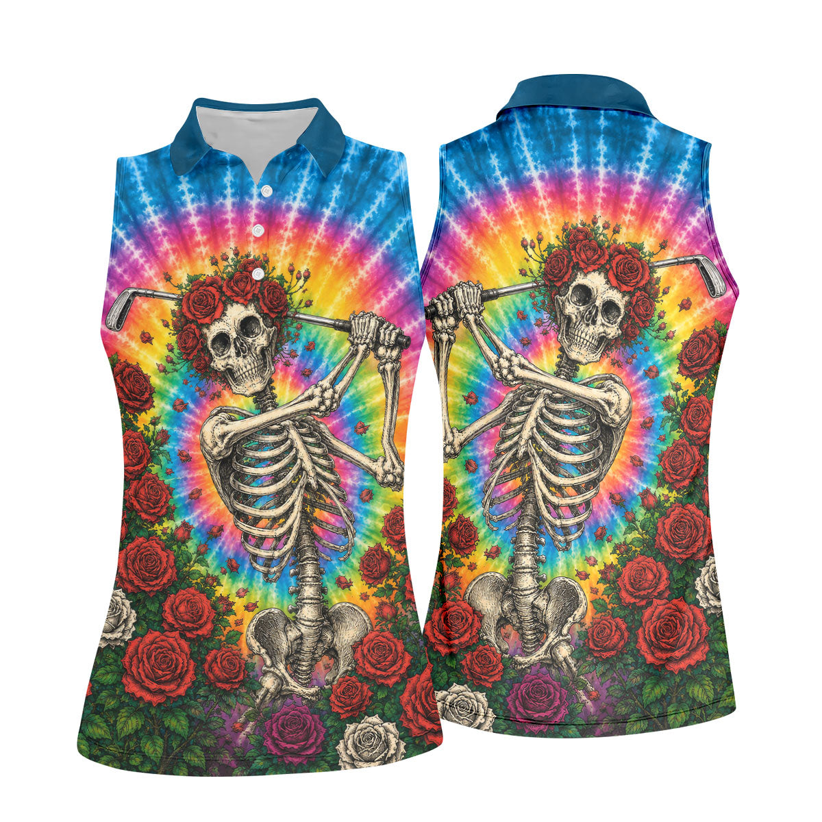 Rose Tie Dye Skeleton Golfer Halloween Polo Shirt, Womens Golf Tops, Printed Golf Shirt
