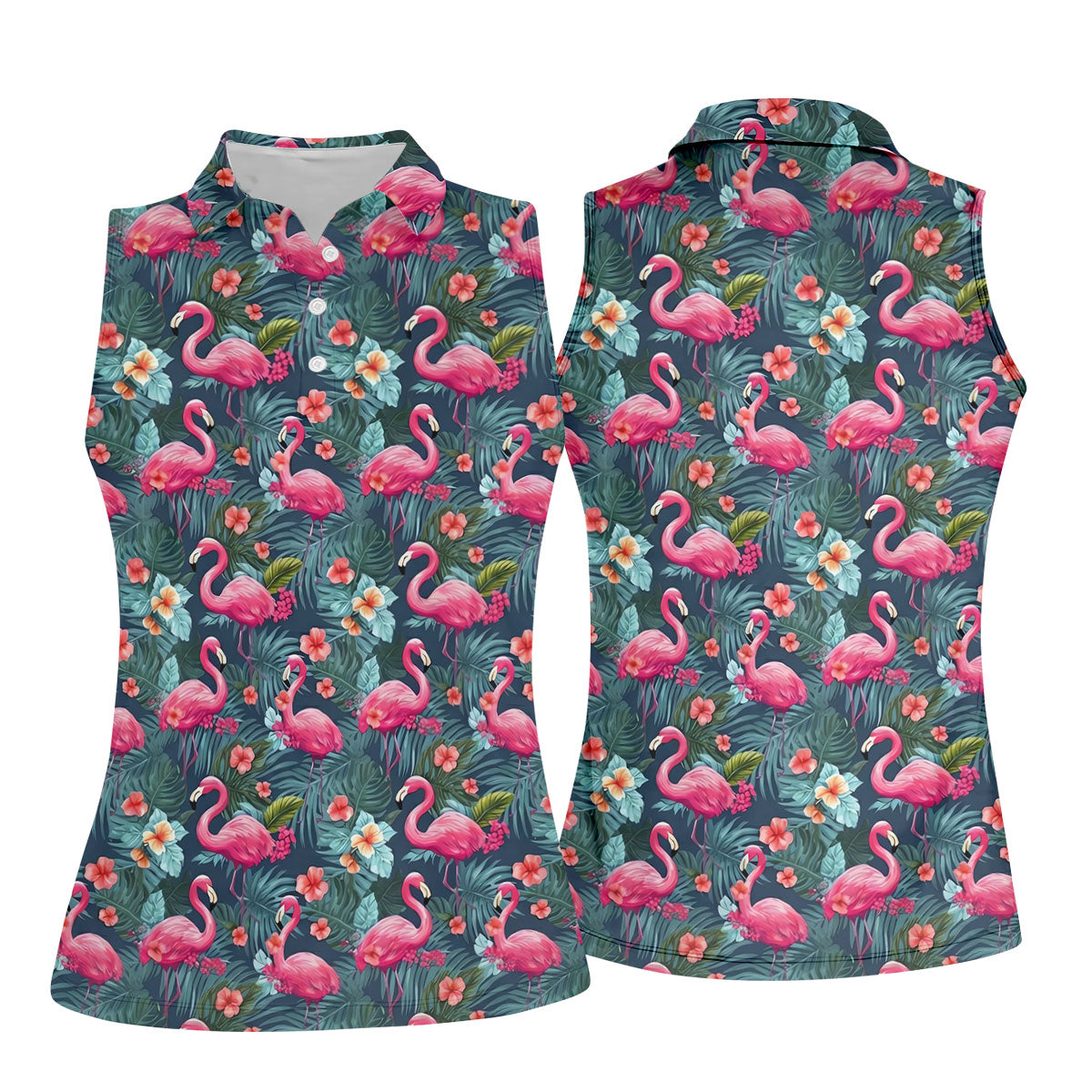 Pink Flamingo Tropical Floral Golf Polo Shirt, Golf Shirts For Women, Women's Golf Apparel