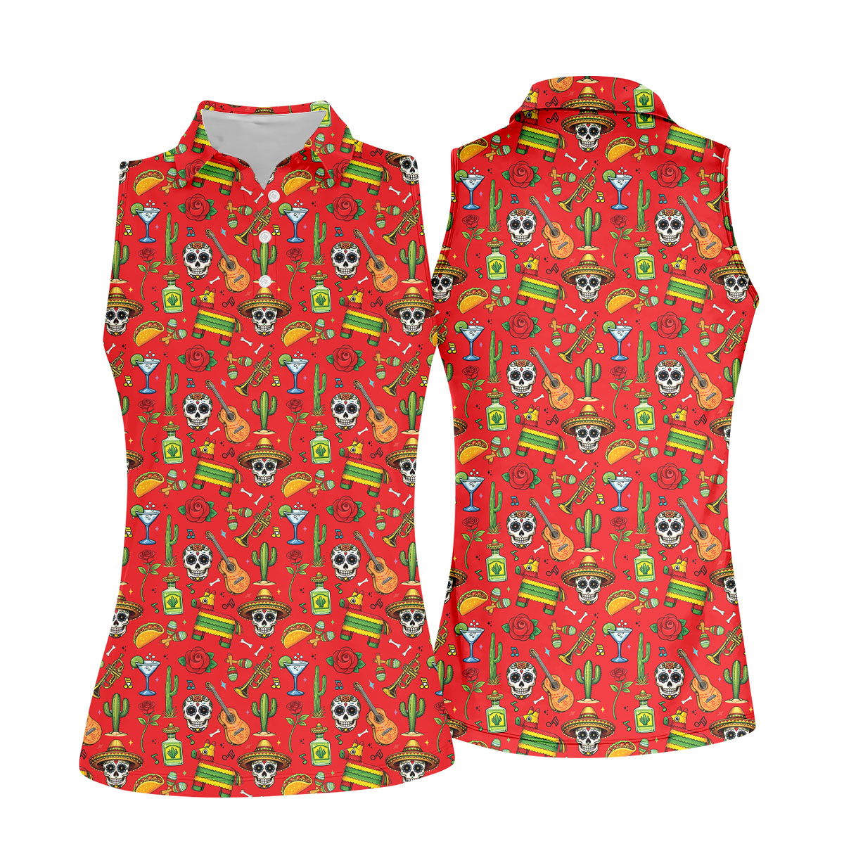 Decorated Skulls Party Items Cinco De Mayo Celebration Fiesta Themed Red Golf Shirt For Women