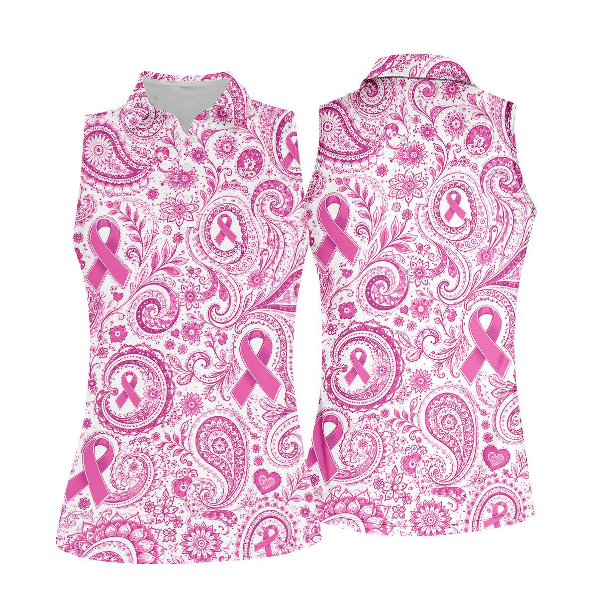 Pink Ribbon Paisley Breast Cancer Golf Polo Shirt, Women’s Golf Apparel, Ladies Golf Top