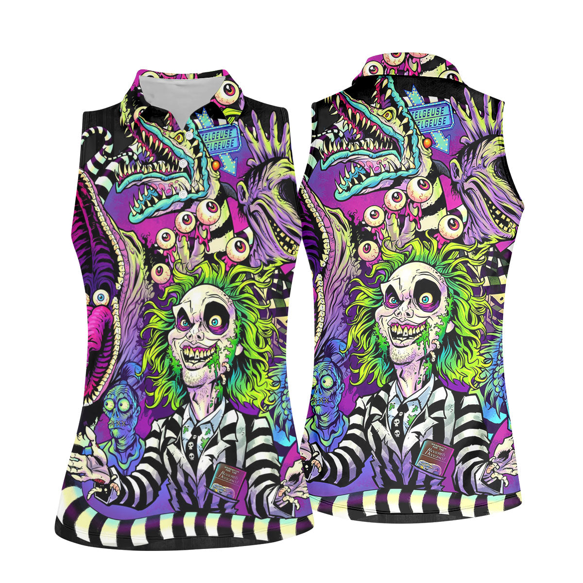 Neon Horror Character Monster Collage Golf Polo Shirt, Ladies Golf Shirts, Hawaiian Golf Shirt