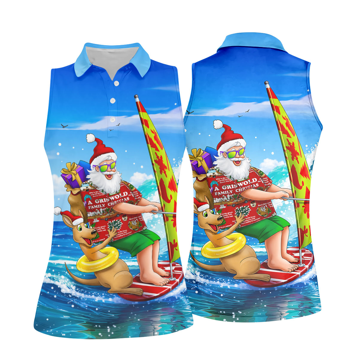 Santa And Reindeer Beach Surfing Christmas Golf Shirt, Women's Golf Tops, Hawaiian Golf Shirt