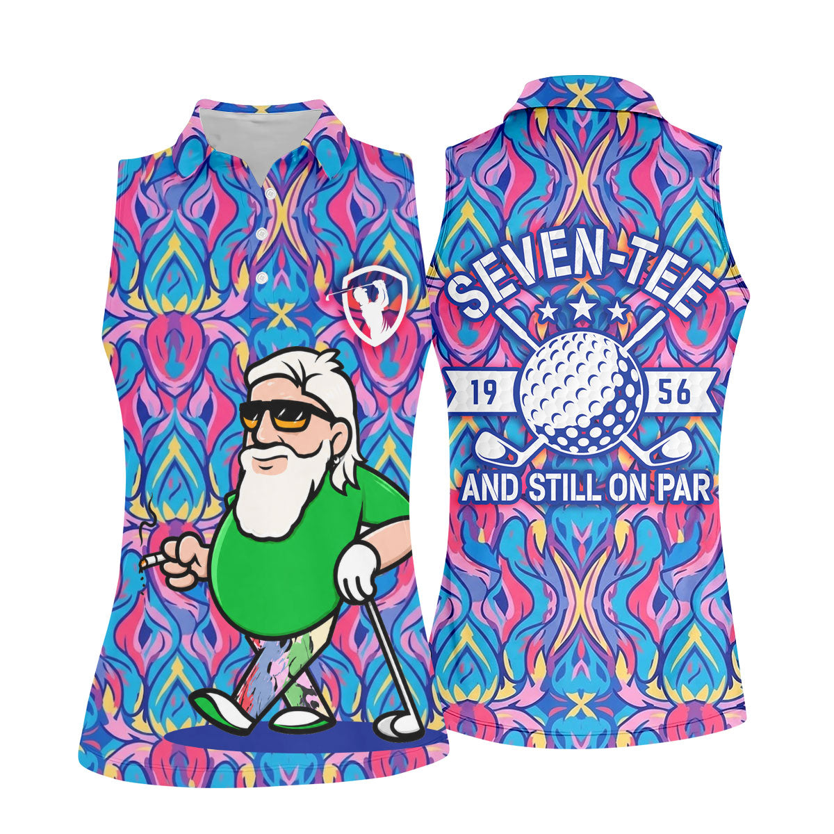 Colorful Psychedelic Santa Golfer Print Women's Golf Tops, Women’s Golf Apparel, Golf Polo For Women