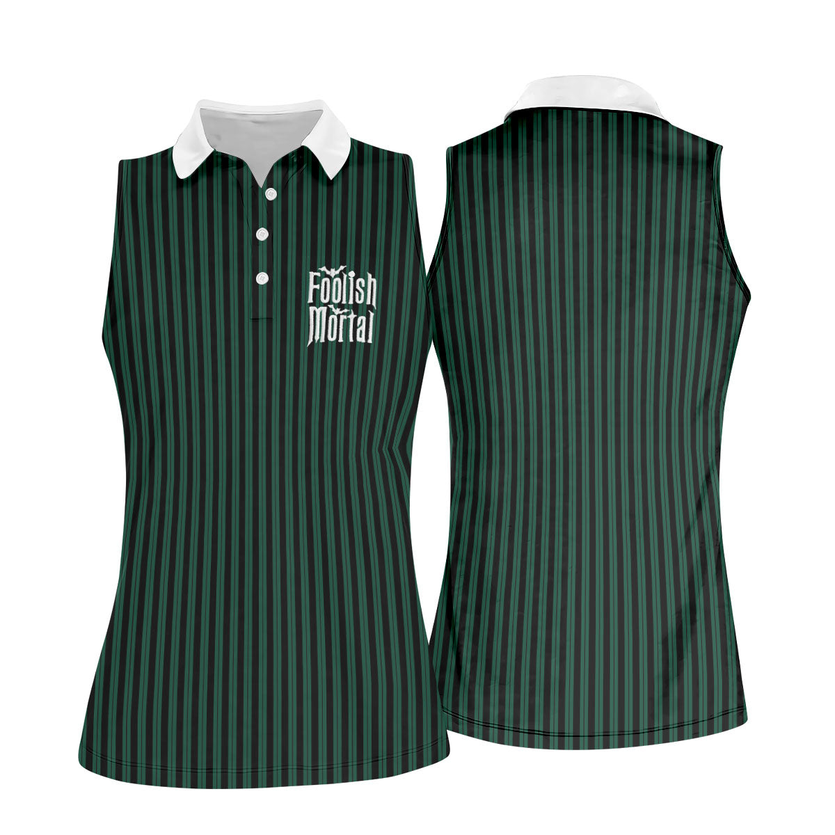 Green Foolish Mortal Striped Golf Polo Shirt, Golf Shirts For Women, Halloween Tops For Women