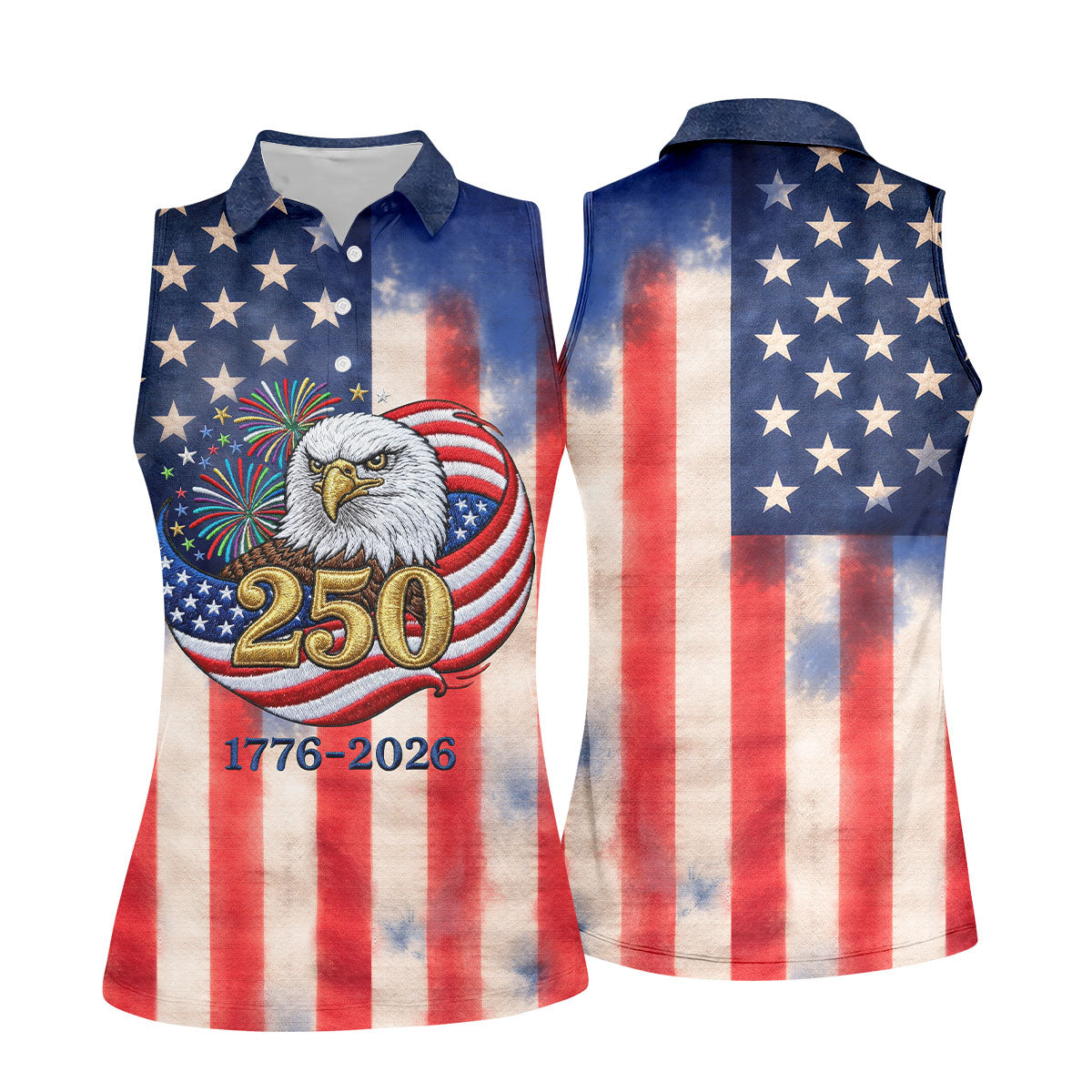 250 Years Bald Eagle US Flag Faded Color Retro Golf Shirt, Patriotic 4th Of July Golf Shirt For Women