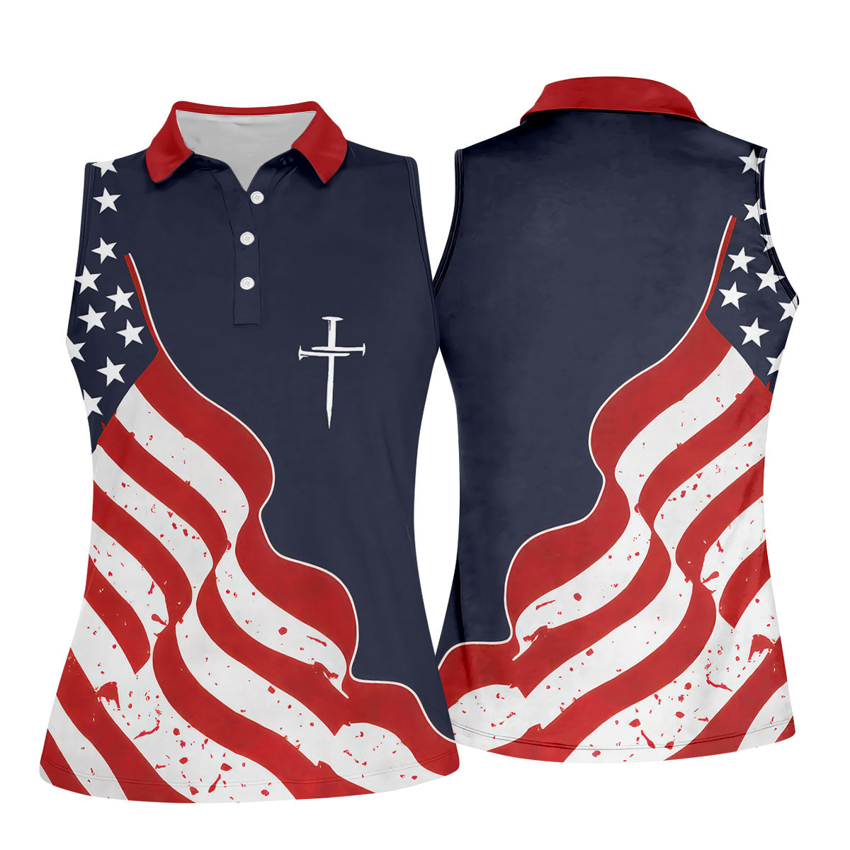 Faith Cross America 250th Anniversary 4th Of July Shirt, Patriotic Navy Golf Shirt For Women