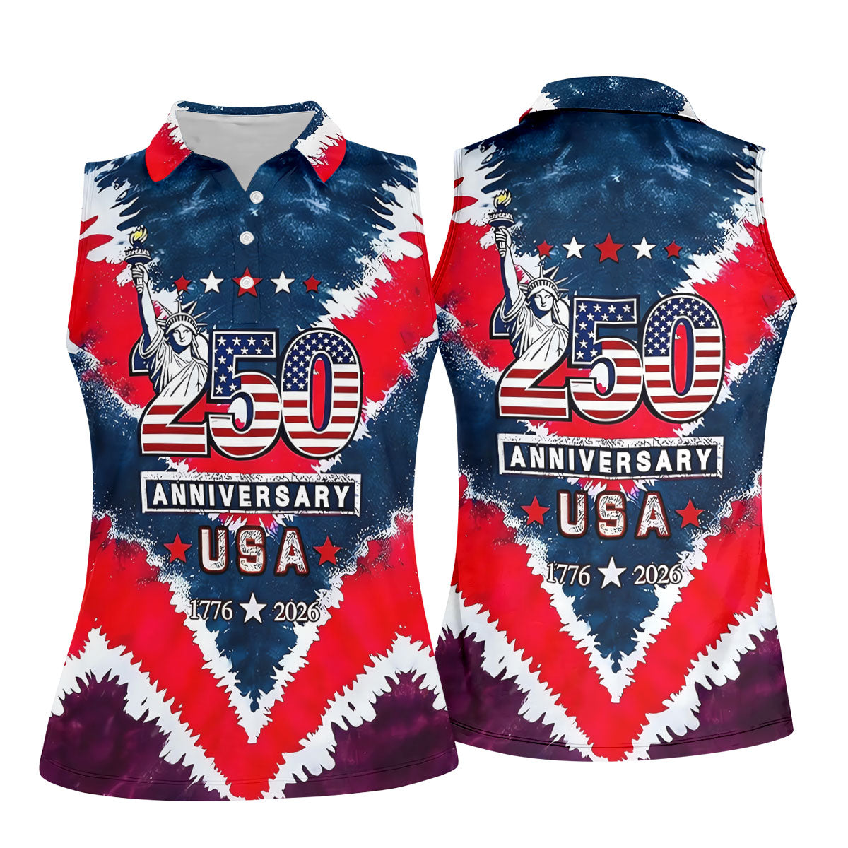 250th Anniversary Red White Blue Tie Dye Print Patriotic Golf Shirt, 4th Of July Golf Shirt For Women