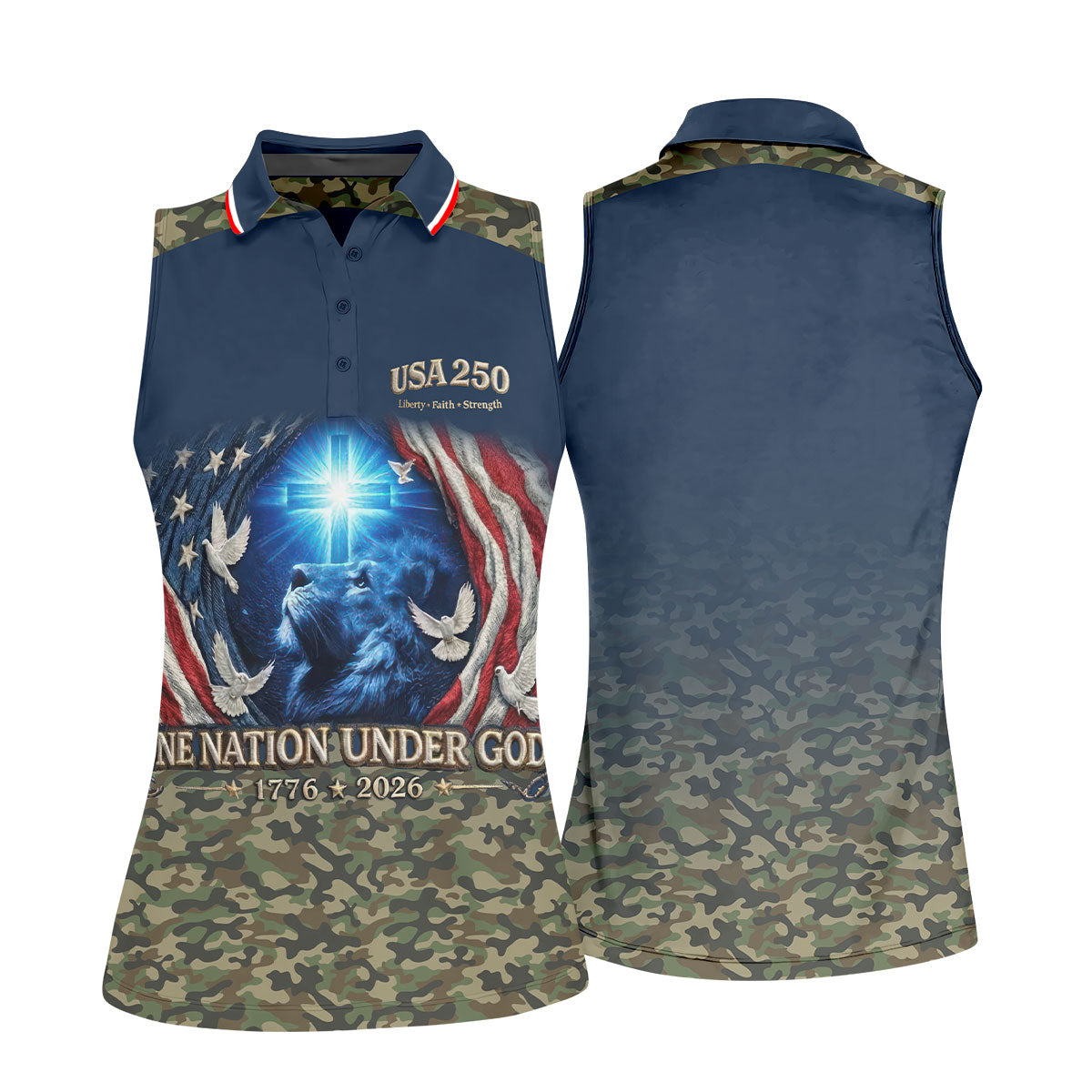 One Nation Under God Faith Cross USA 250 Navy Camo Golf Shirt, 4th Of July Golf Shirt For Women