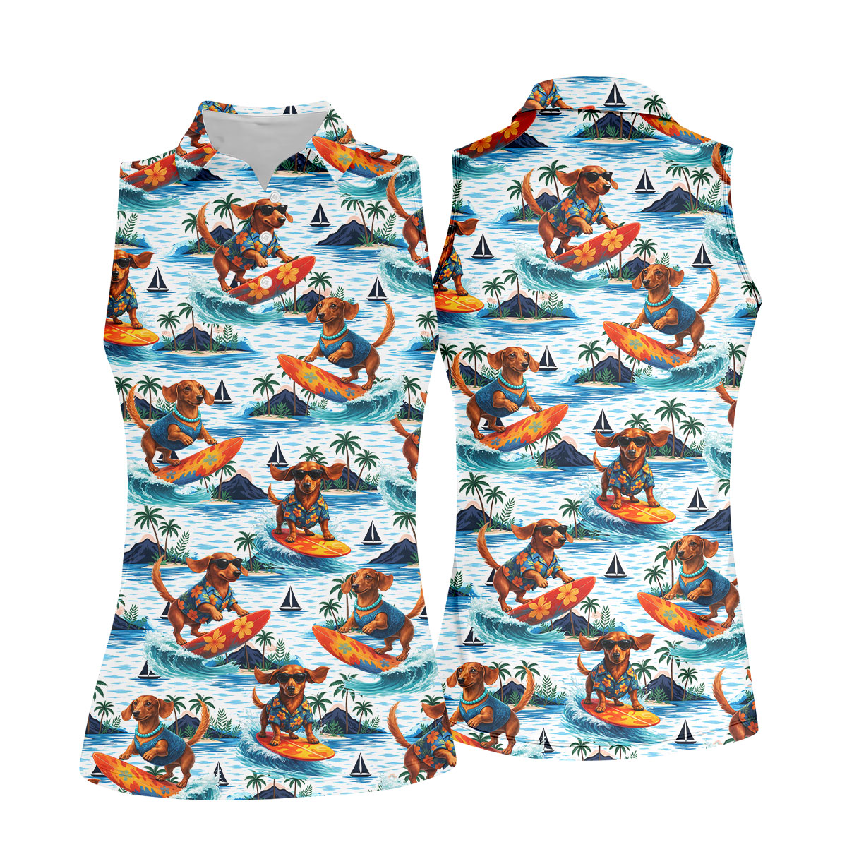 Funny Dachshund Surfing Beach Hawaiian Golf Shirt, Summer Vibe Golf Shirt For Women