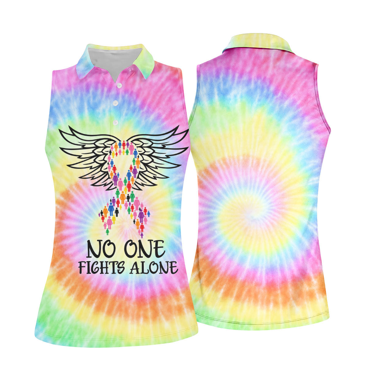 No One Fights Alone Cancer Ribbon Wings Polo Shirt, Women's Golf Polo, Ladies Golf Shirts