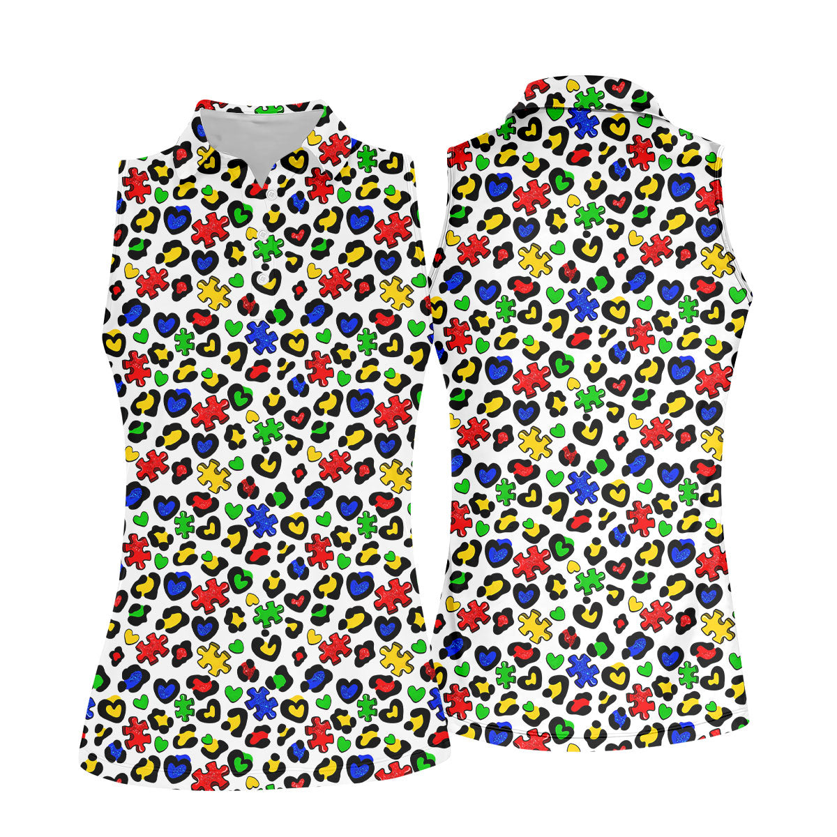 Autism Awareness Color Leopard Pattern White Golf Shirt, Women's Golf Tops, Ladies Golf Shirts, Ladies Golf Polos