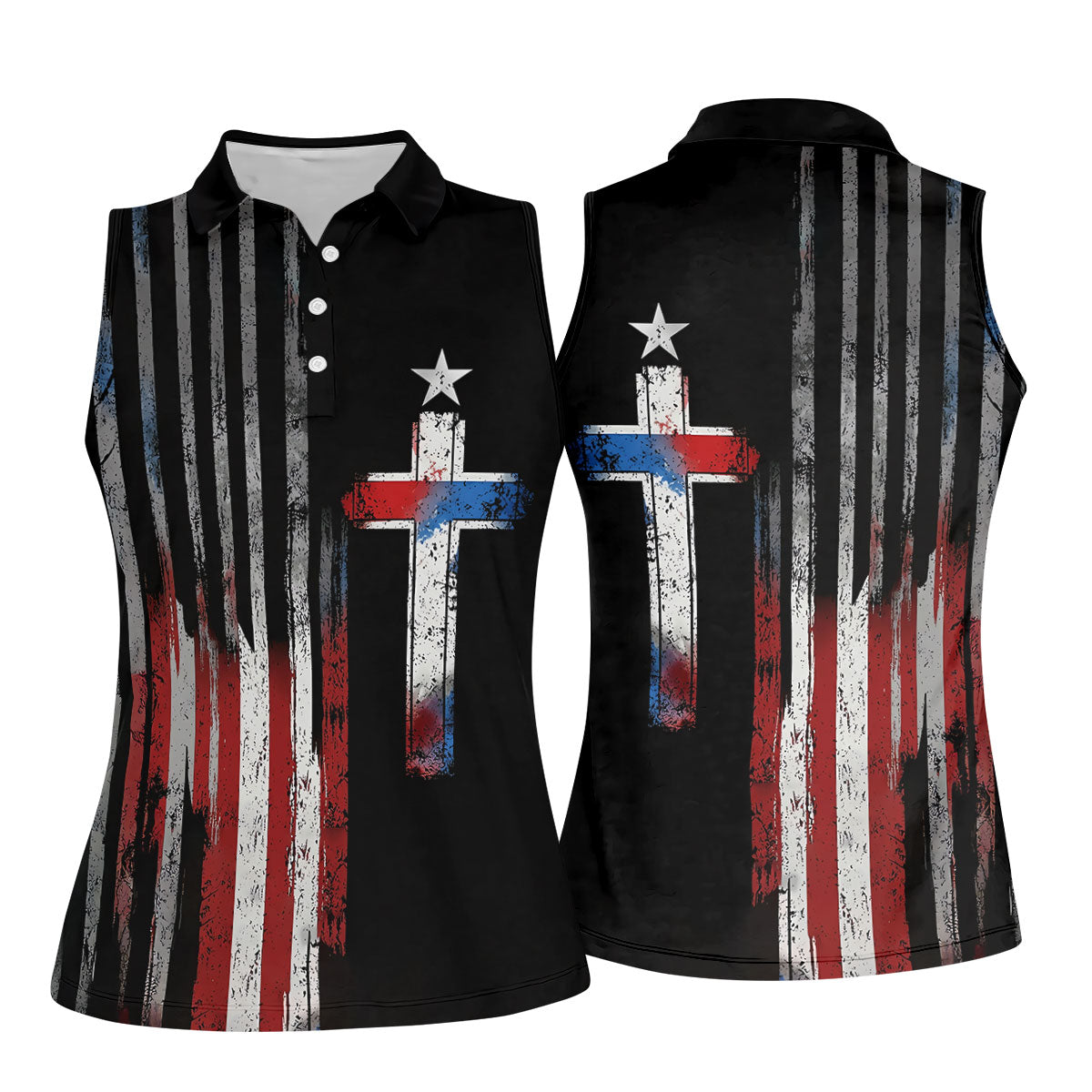 Faith Cross US Flag Golf Shirt, 250 Years Retro Golf Shirt, Patriotic 4th Of July Women's Golf Tops