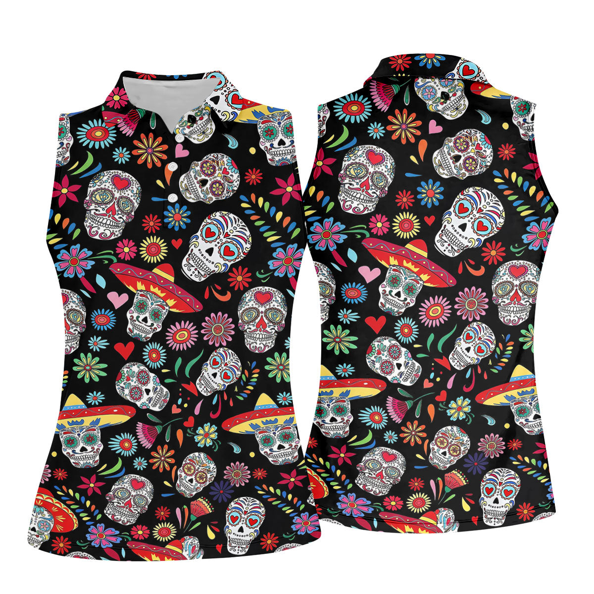 Day Of The Dead FLoral Sugar Skull Cinco De Mayo Celebration Fiesta Themed Golf Shirt For Women