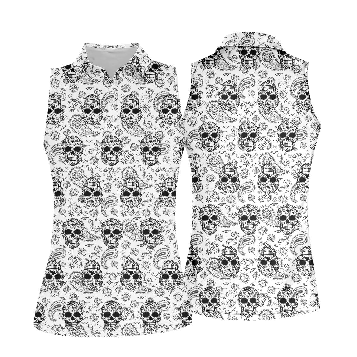 Sugar Skull Paisley Pattern Golf Polo Shirt, Ladies Golf Shirts, Women's Golf Apparel