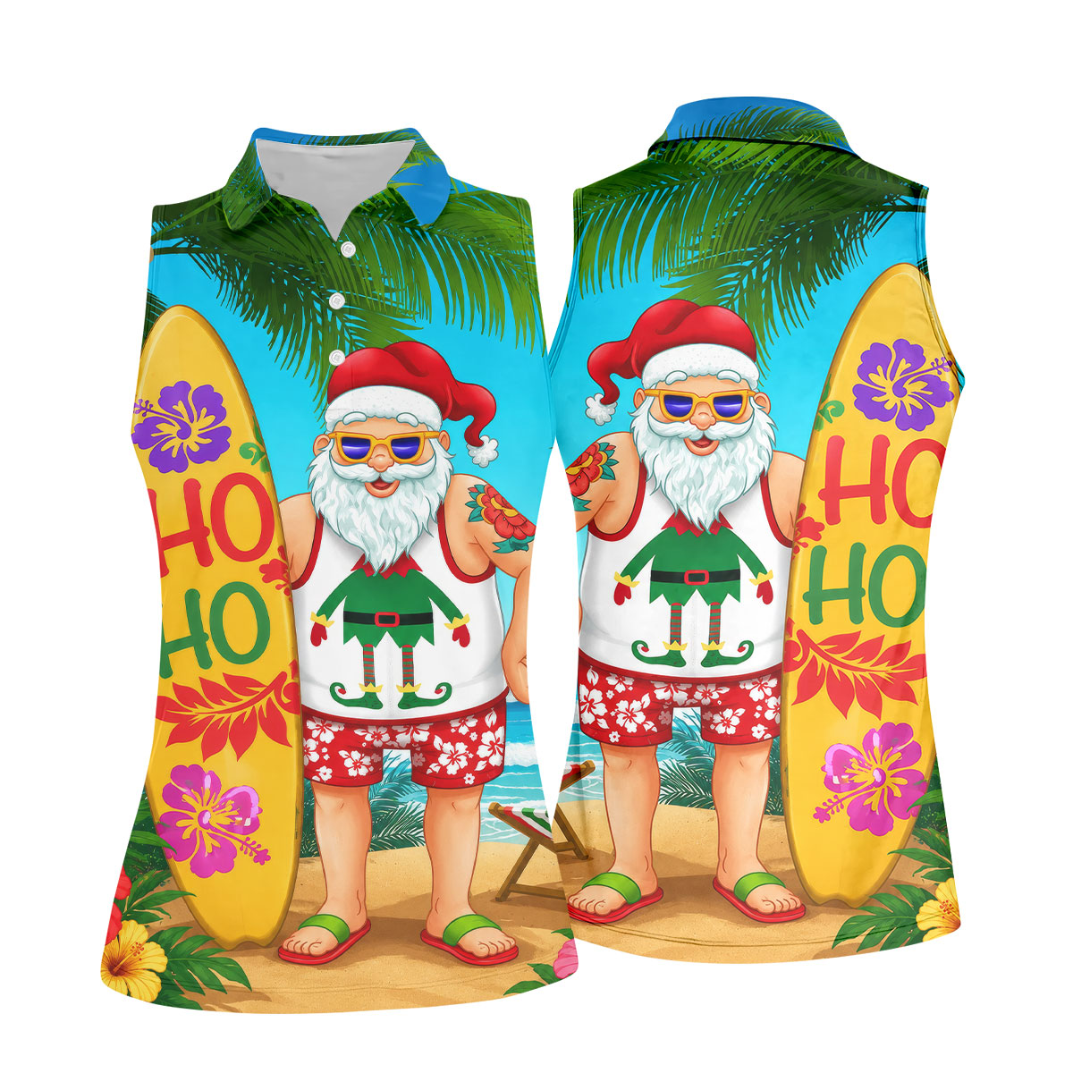 Surfboard Santa Tropical Christmas Golf Shirt, Women's Golf Tops, Hawaiian Golf Shirt