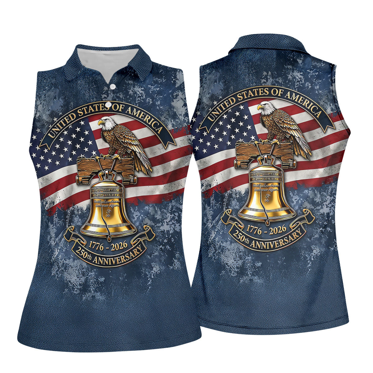 Patriotic Bald Eagle Liberty Bell Distressed Golf Shirt, 250 Years 4th Of July Golf Shirt For Women