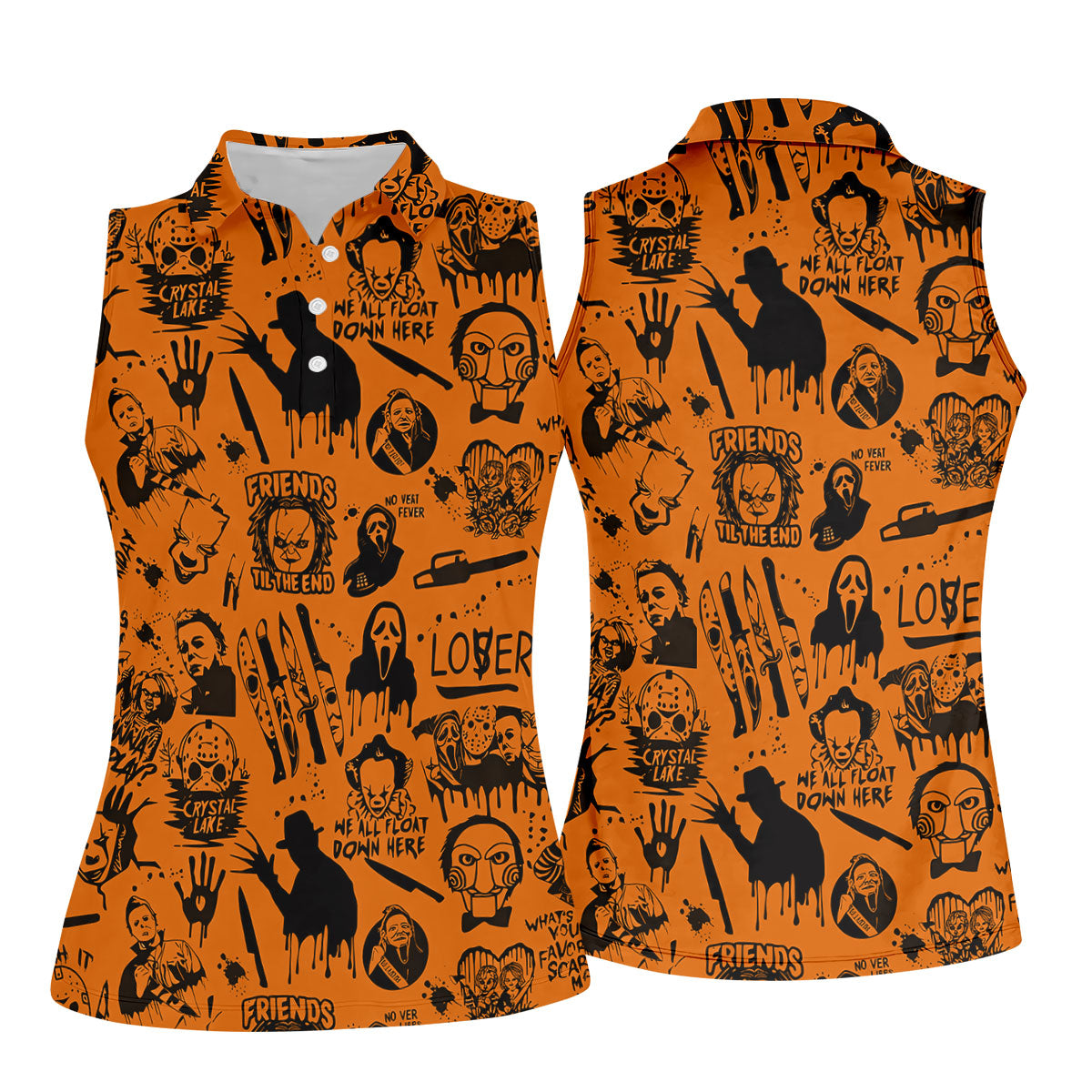 Orange Horror Character Icons Pattern Golf Polo Shirt for Halloween, Womens Golf Polo, Ladies Golf Shirts