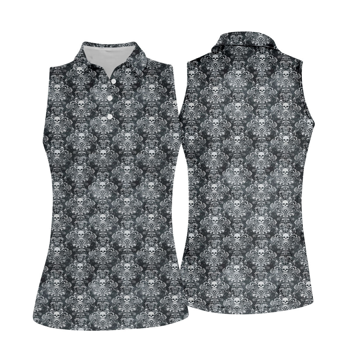 Skull Damask Charcoal Grey Gothic Floral Women Golf Top, Ladies Golf Shirts, Golf Shirt For Women