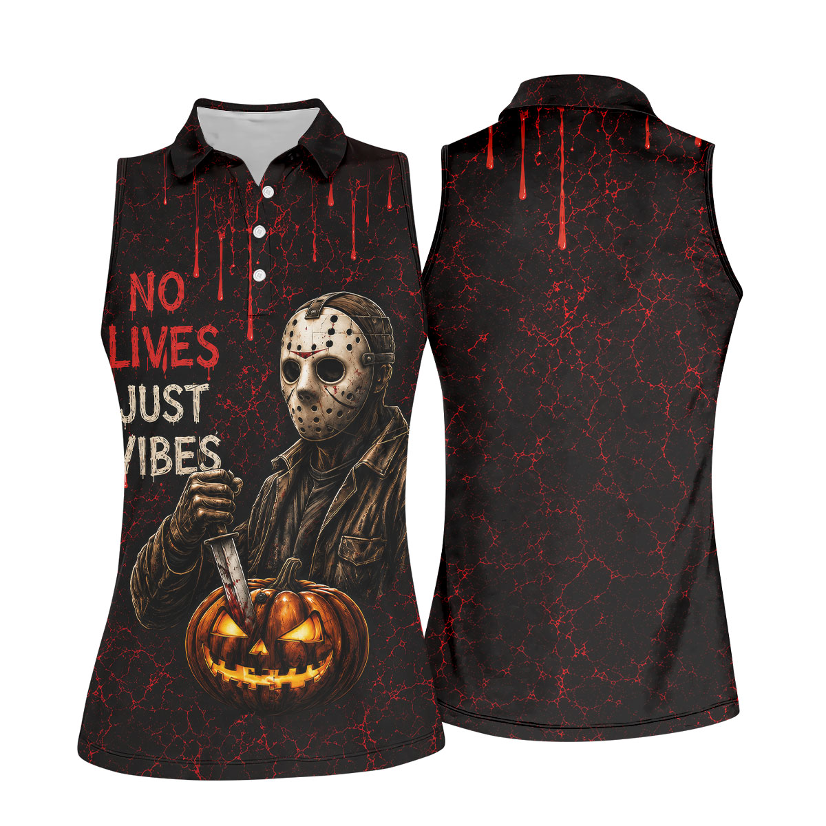 No Lives Just Vibes Halloween Horror Character Shirt, Golf Shirts For Women, Printed Golf Shirt