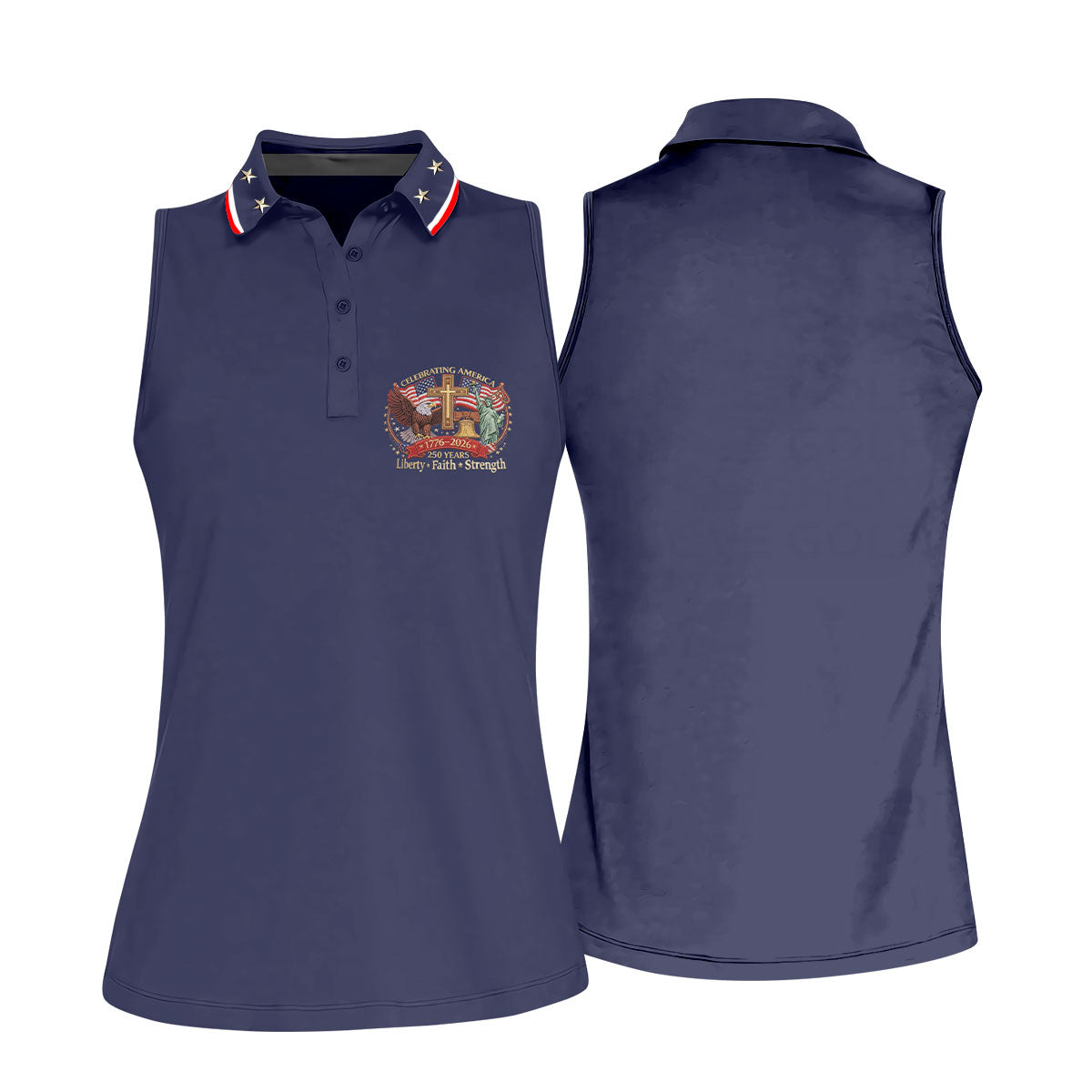 Liberty Faith Strength Faith Cross USA 250 Navy Golf Shirt, 4th Of July Golf Shirt For Women