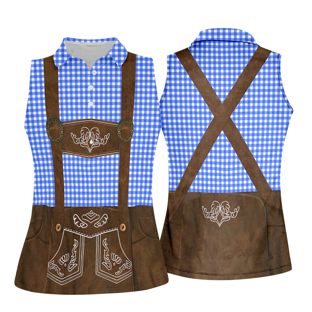 Women's Blue Oktoberfest Lederhosen Illusion Sleeveless Golf Polo, Women’s Golf Tops, Ladies Golf Shirts