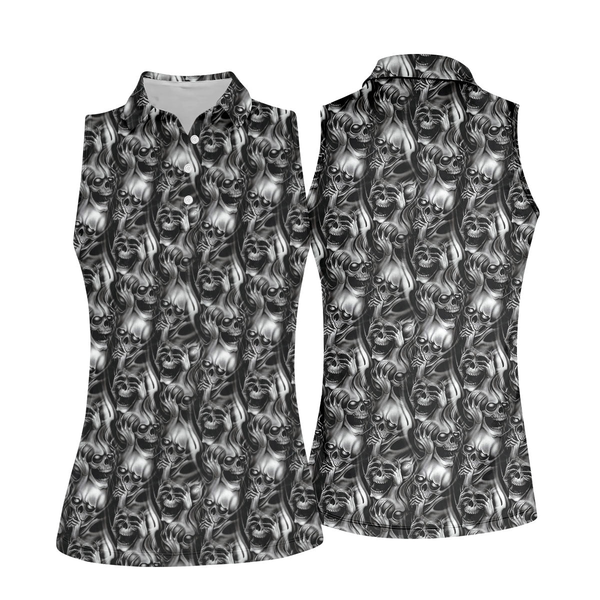 Dark Grim Reaper Skull Pattern Golf Polo Shirt, Women's Golf Polo, Ladies Golf Tops