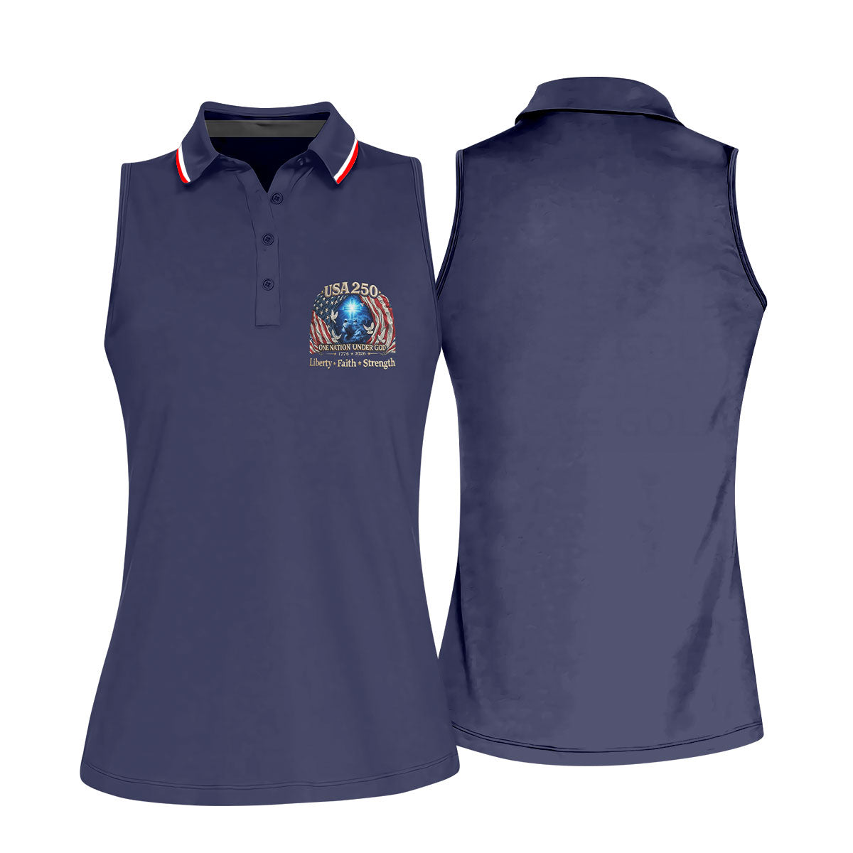 One Nation Under God Faith Cross USA 250 Logo Navy Golf Shirt, 4th Of July Golf Shirt For Women