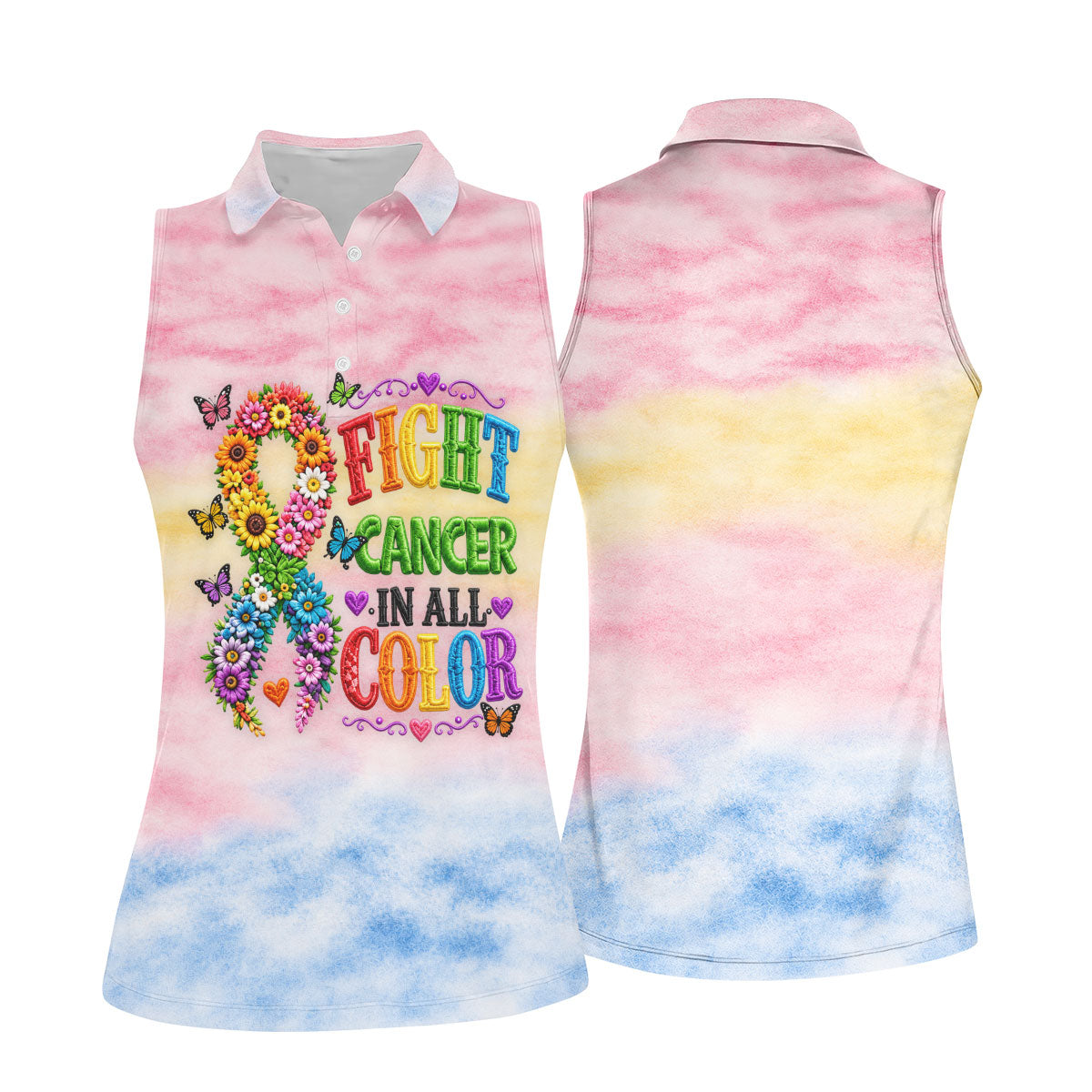 Fight Cancer In All Color Floral Ribbon Polo Shirt, Ladies Golf Shirt, Womens Golf Tops