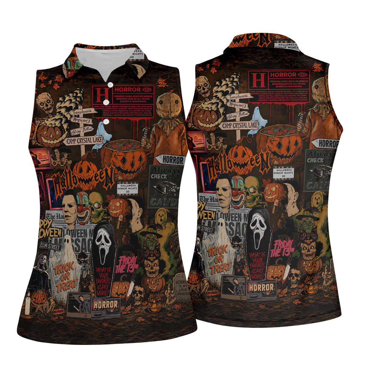 Horror Character Halloween Collage Golf Polo Shirt, Womens Golf Apparel, Ladies Golf Tops