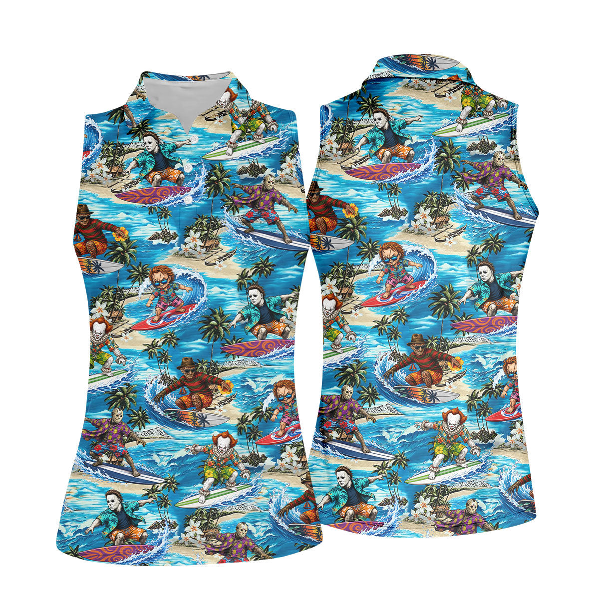 Horror Surfing Hawaiian Golf Shirt, Tropical Golf Tops, Golf Shirts For Women