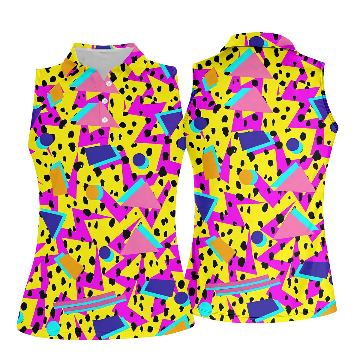 Retro Neon Geometric Shapes Yellow Golf Shirt, Ladies Golf Tops, Golf Polo For Women, Women’s Golf Apparel