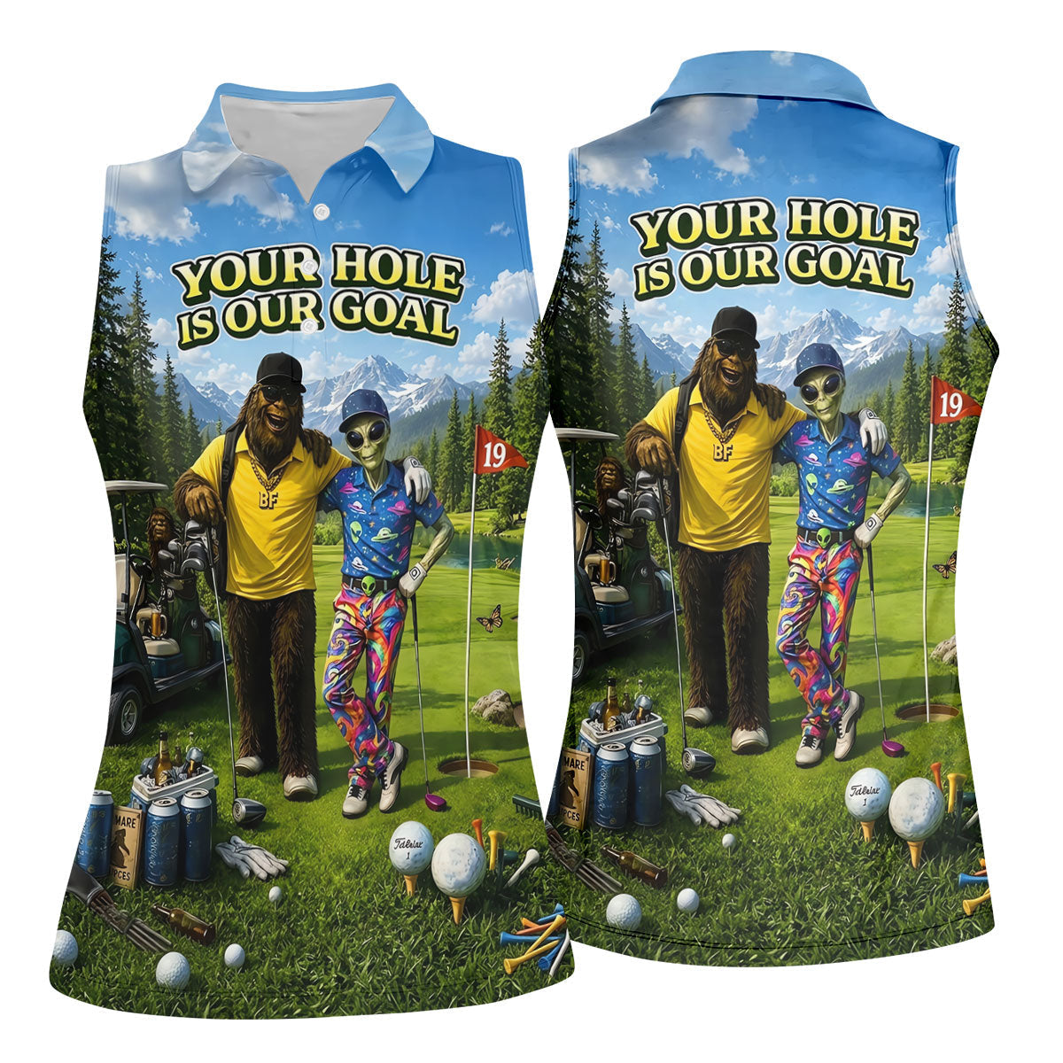 Your Hole Is Our Goal Funny Bigfoot Alien Golf Polo Shirt, Ladies Golf Top, Golf Shirt