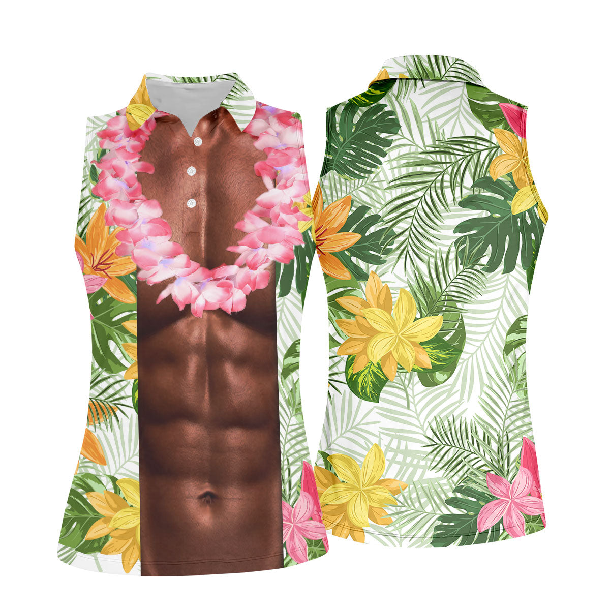 Tan Skin Tropical Muscle Chest Hawaiian Golf Polo Shirt, Women's Golf Tops, Performance Golf Shirt