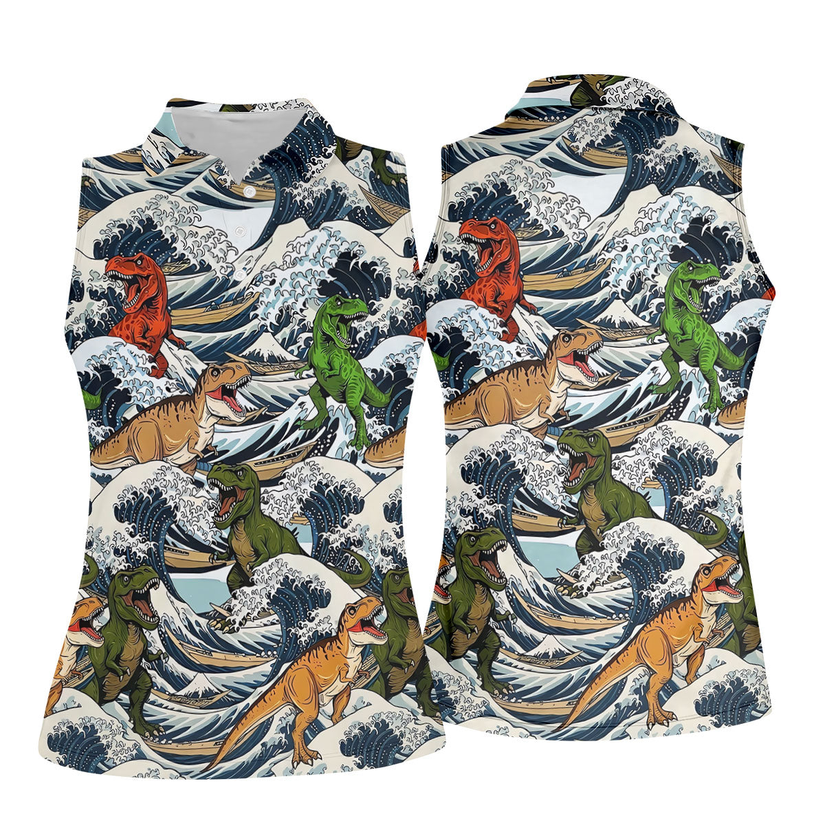 T Rex Surfing Great Wave Golf Polo Shirt, Women's Golf Polo, Golf Shirts For Women