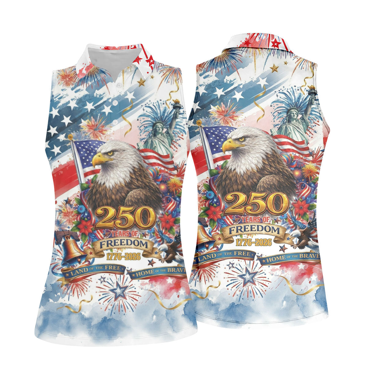 Land Of The Free Red White Blue Water Color Print 4th Of July Golf Shirt, 250 Years Golf Shirt For Women