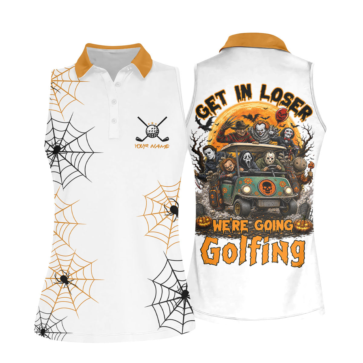 Custom Get In Loser We're Going Golfing Halloween Horror Character Golf Shirt, Golf Shirts For Women