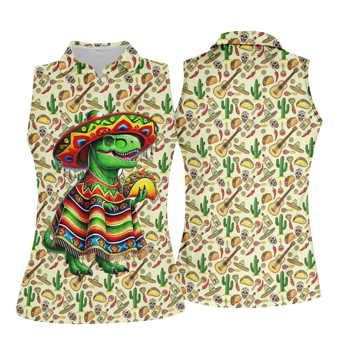 Dinosaur Taco Fiesta Time Ladies Golf Tops, Cinco De Mayo Celebration Golf Shirt For Women