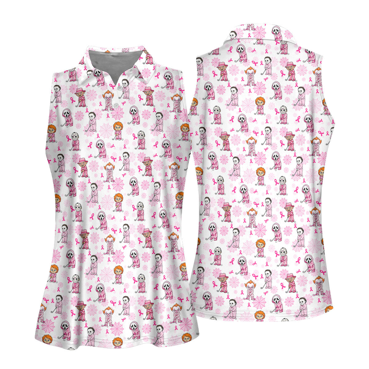 Halloween Horror Character Breast Cancer Polo Shirt, Ladies Golf Tops, Printed Golf Shirt