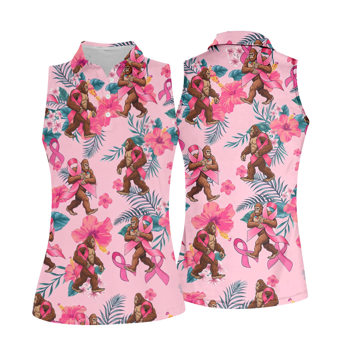 Bigfoot Pink Ribbon Floral Breast Cancer Polo Shirt, Women’s Golf Polo, Ladies Golf Top