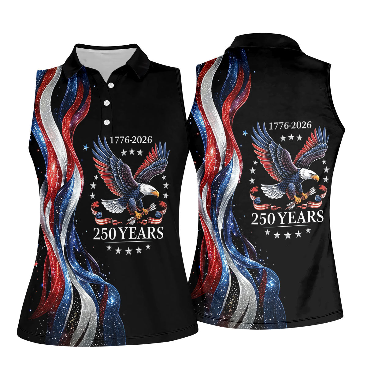 Bald Eagle Red White Blue Wavy Stripes Patriotic Golf Shirt, 250 Years 4th Of July Golf Shirt For Women