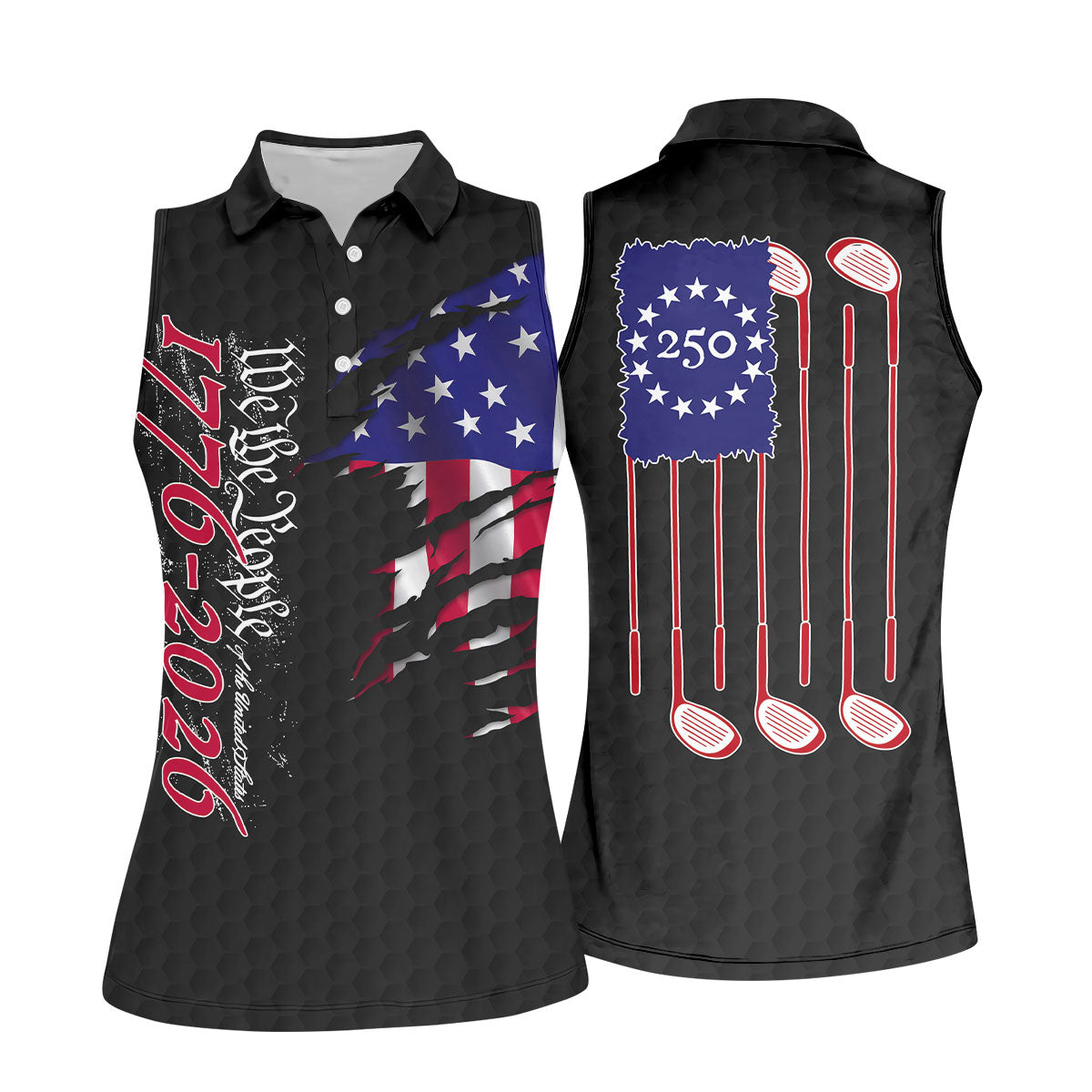 We The People Distressed American Flag Black Golf Shirt, 4th Of July Golf Shirt For Women