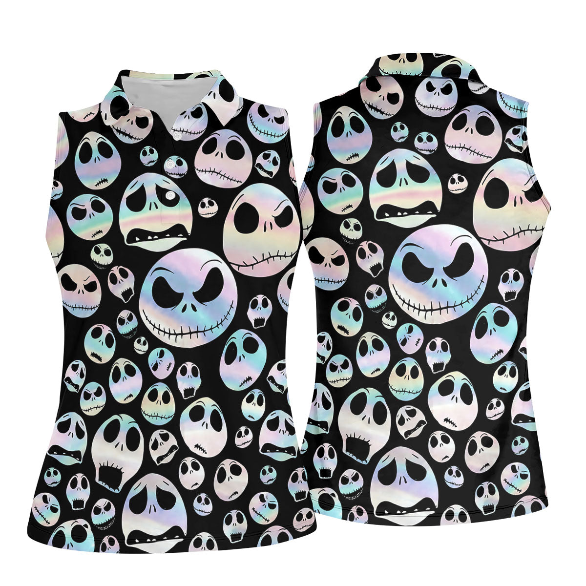 Black Horror Character Skull Face Pattern Golf Polo Shirt, Ladies Golf Shirts, Womens Golf Tops