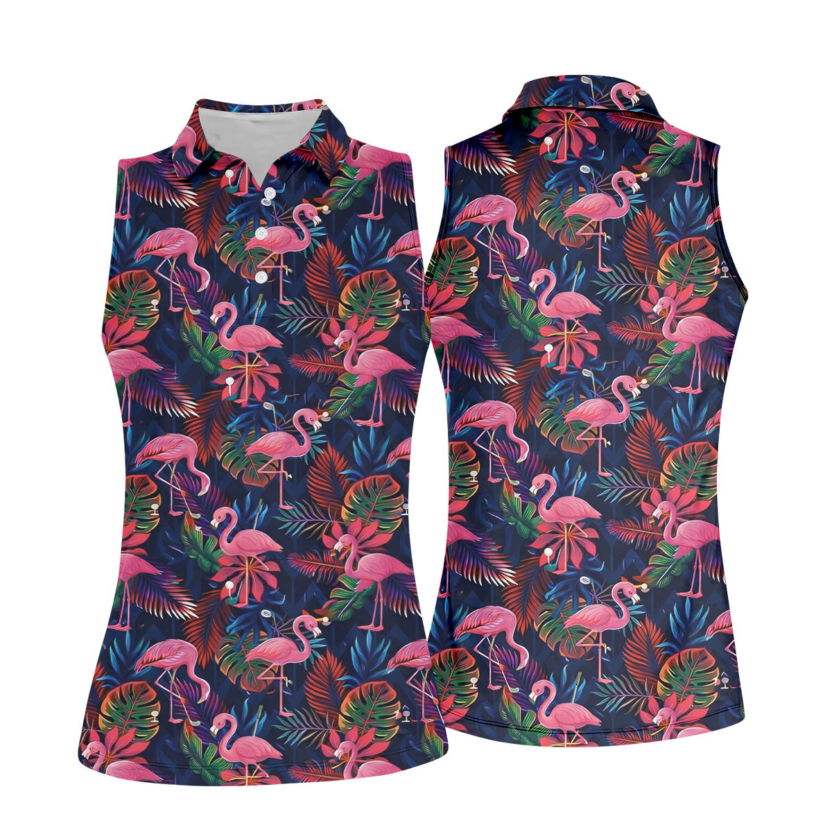 Dark Tropical Pink Flamingo Pattern Golf Shirt, Women’s Golf Apparel, Hawaiian Golf Shirt, Golf Polo For Women