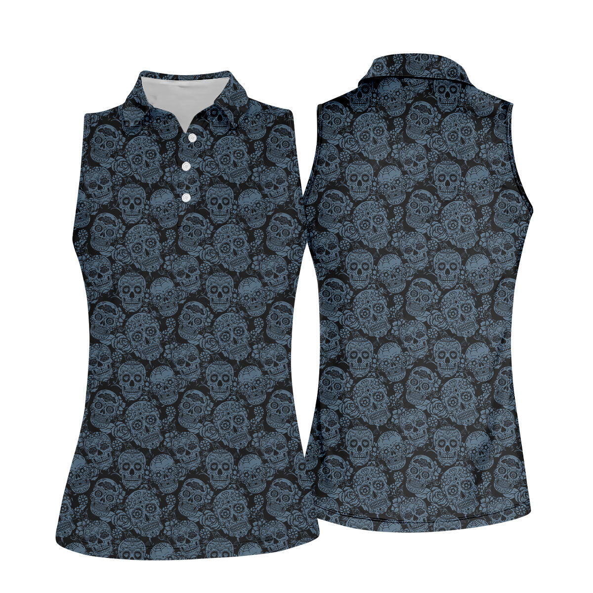 Gothic Sugar Skull Pattern Golf Polo Shirt, Golf Shirts For Women, Women’s Golf Polo