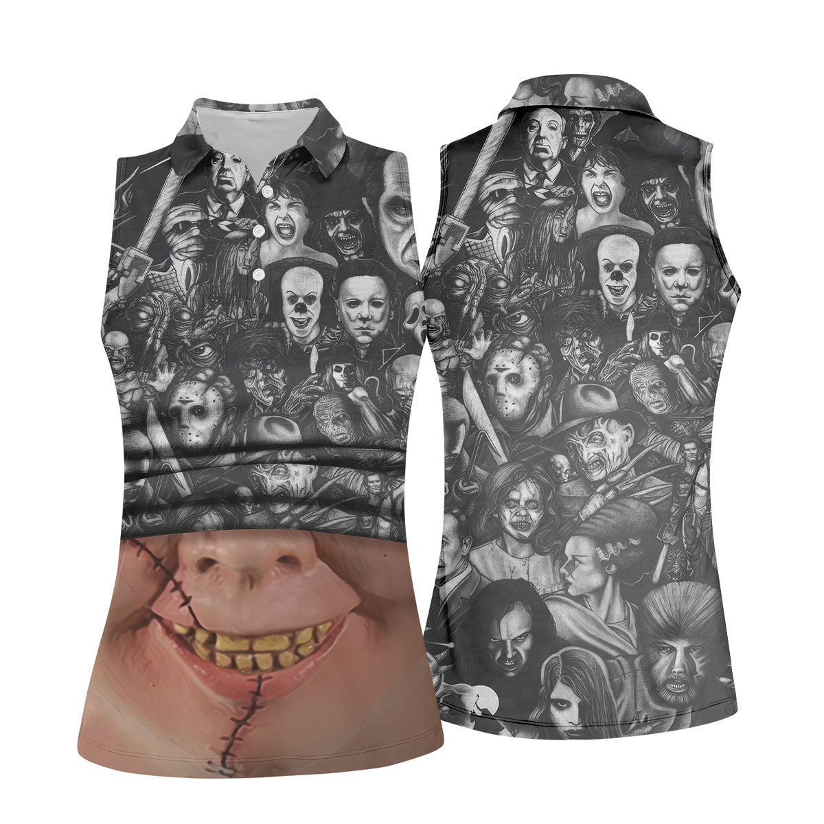 Stitched Face Horror Character Halloween Polo Shirt, Golf Polo For Women, Ladies Golf Top