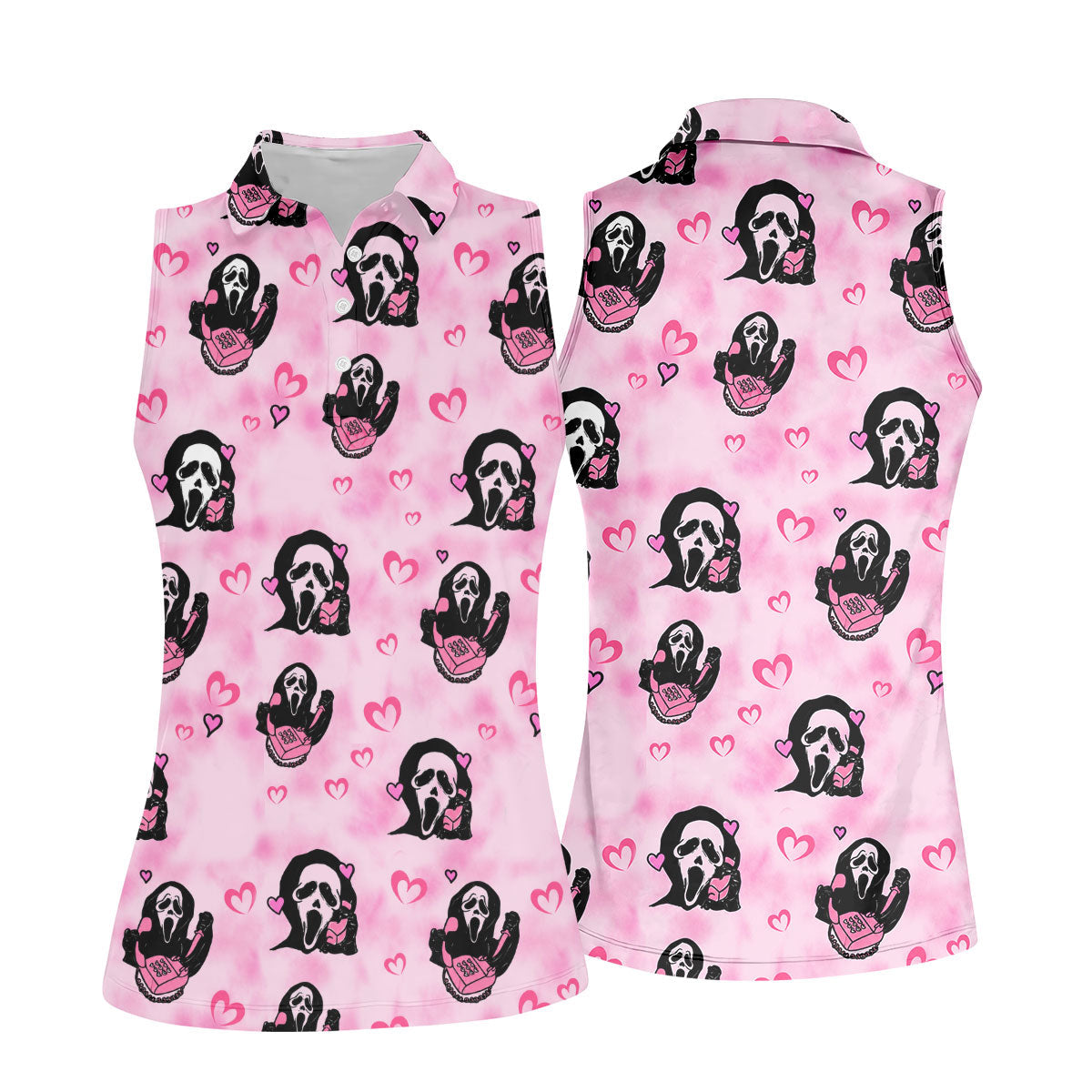 Pink Cute Ghost Caller Heart Pattern Halloween Golf Polo Shirt, Golf Shirts For Women
