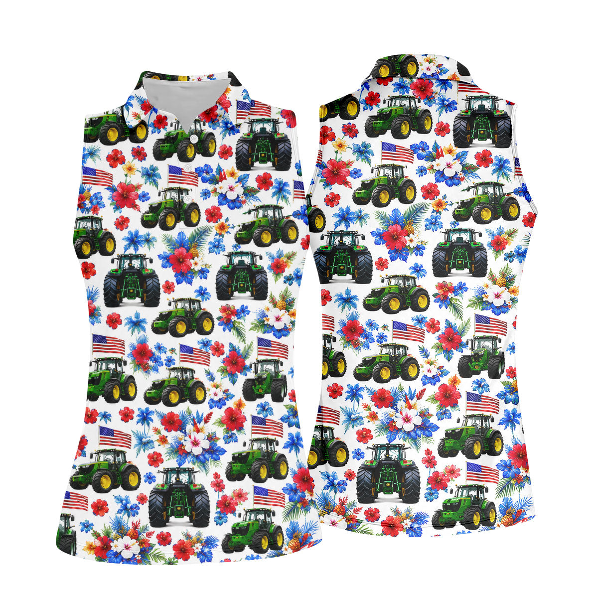American Tractor Golf Shirt, Patriotic Wildflower Country Farm Pattern, Golf Shirt For Women